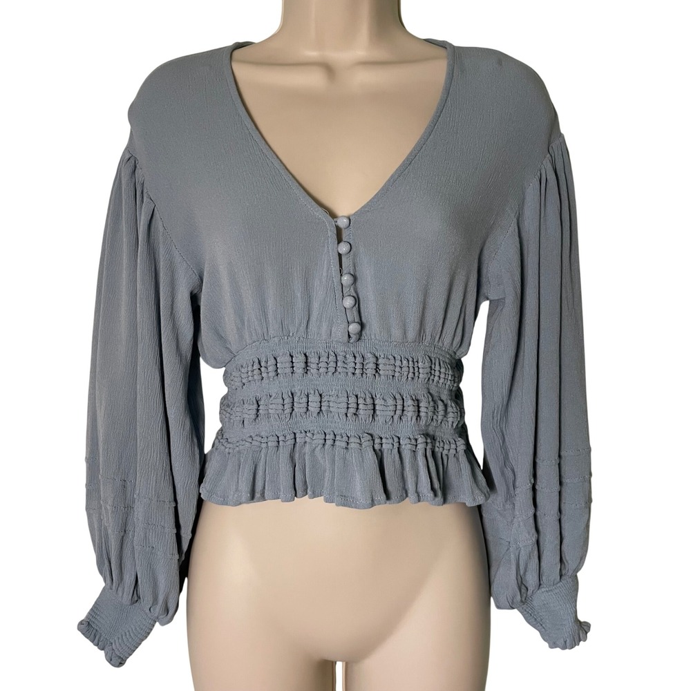Fate Womens V-Neck Smocked Waist Crop Top Small Blue Gypsy Festival